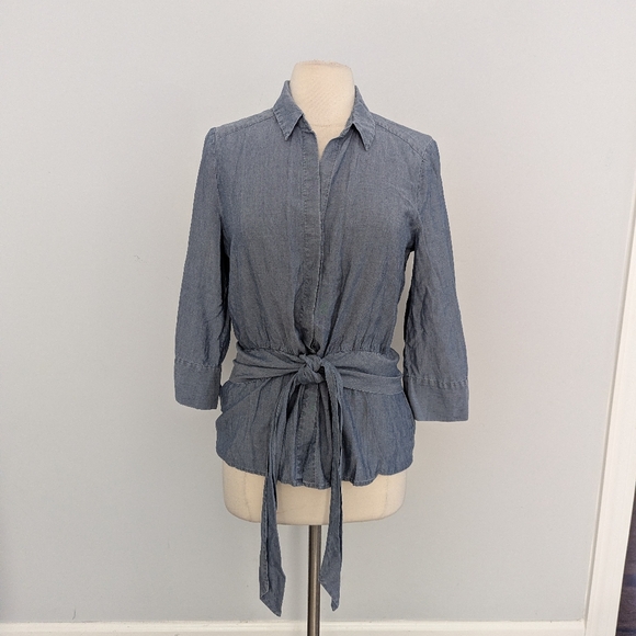 Women's L'Agence Colette Blouse Top Medium Tie Waist Denim Blue - Picture 7 of 10